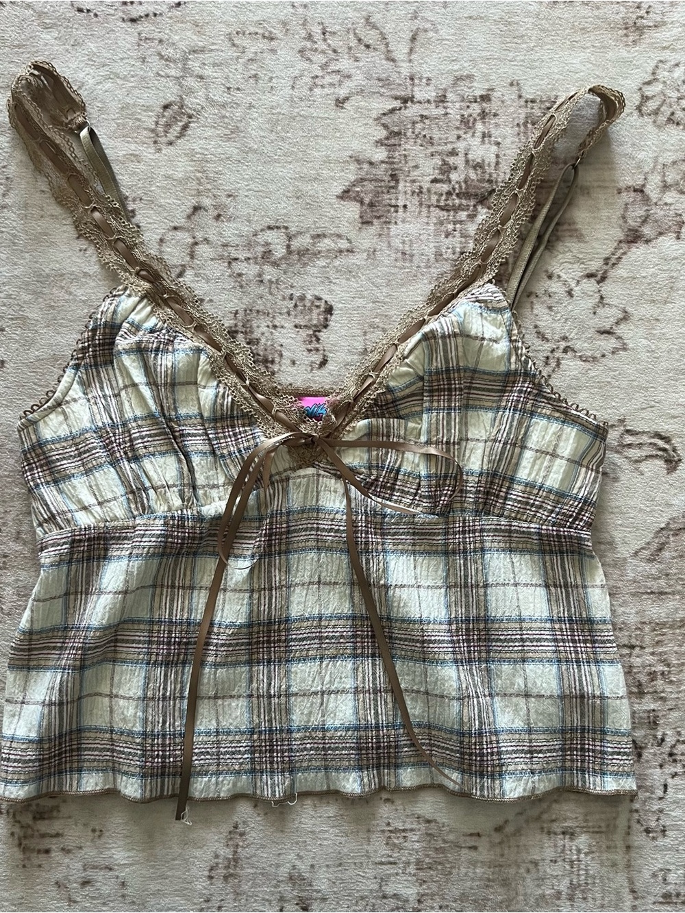 Edikted Cream and Brown Plaid Lace-Trim Camisole